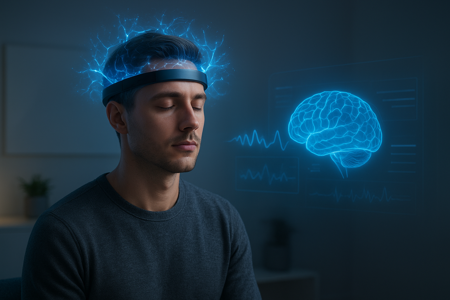 Person wearing a neurotech headband wearable device for brain tracking and mental performance