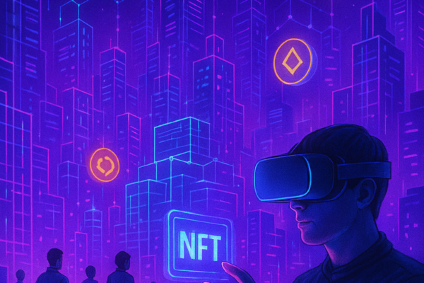 Metaverse virtual world with cryptocurrency tokens and blockchain technology