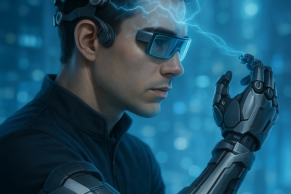 Person wearing an EEG headset demonstrating brain-computer interface technology for mind-controlled wearables