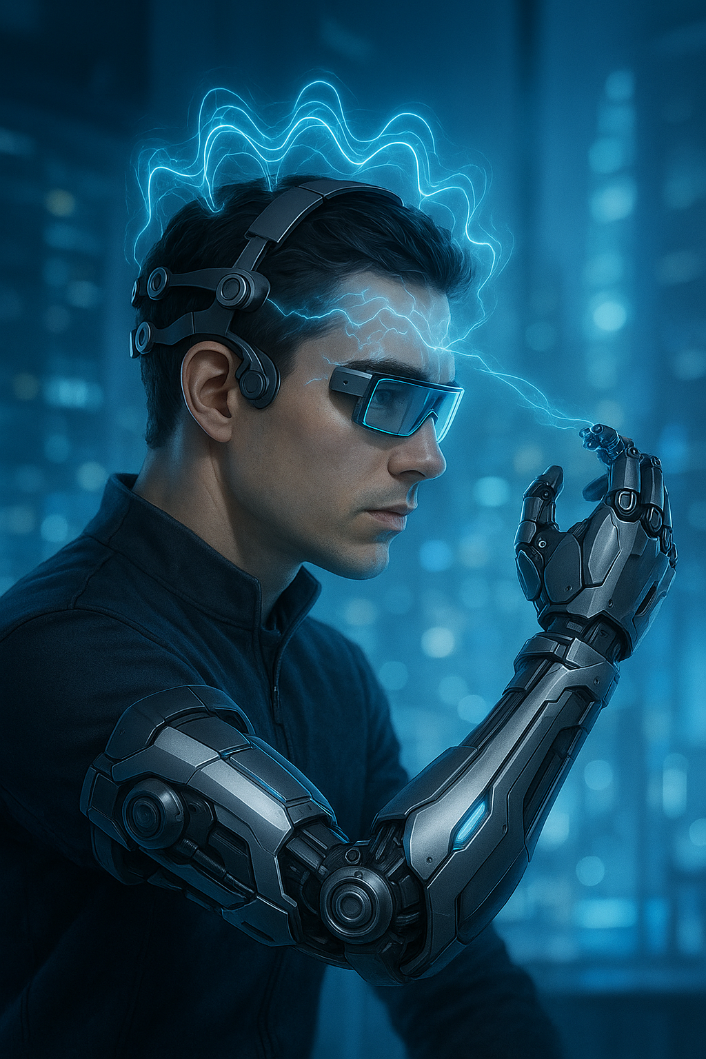 Person wearing an EEG headset demonstrating brain-computer interface technology for mind-controlled wearables