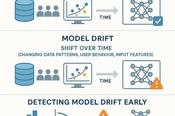 Diagram showing machine learning model drift detection with performance monitoring charts