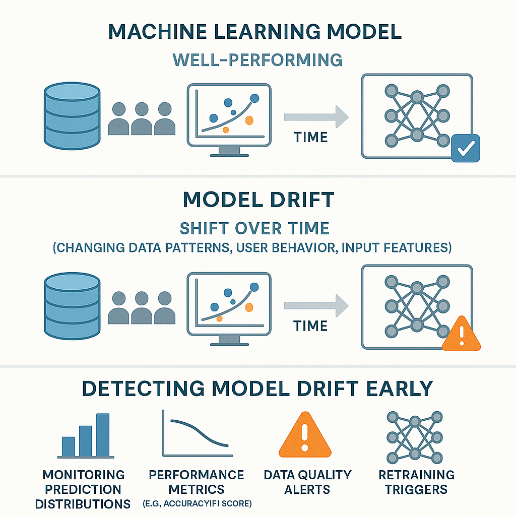 Diagram showing machine learning model drift detection with performance monitoring charts