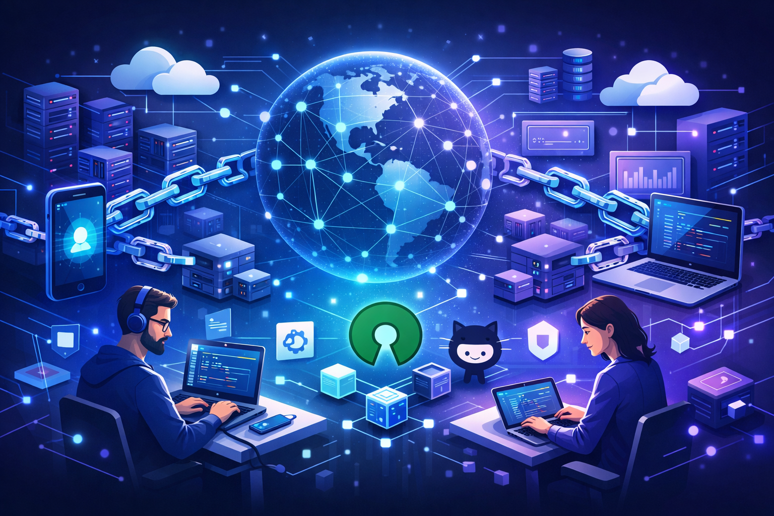 Decentralized software ecosystem with blockchain and peer-to-peer network connections