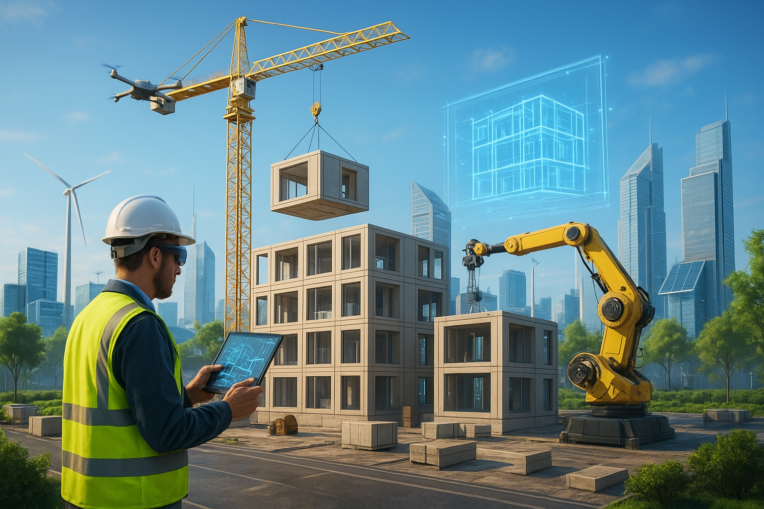 Modular construction and smart infrastructure with prefabricated building modules being assembled at a construction site