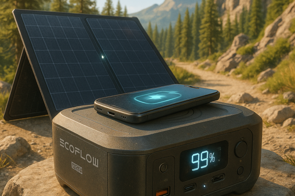 Multi-functional power bank with solar panel and wireless charging pad on a wooden surface