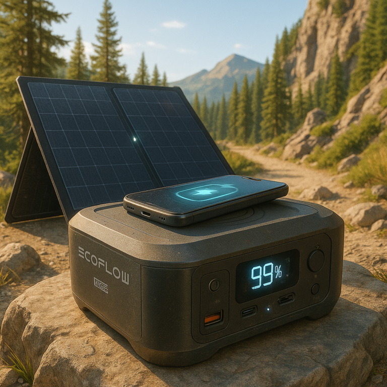 Multi-functional power bank with solar panel and wireless charging pad on a wooden surface
