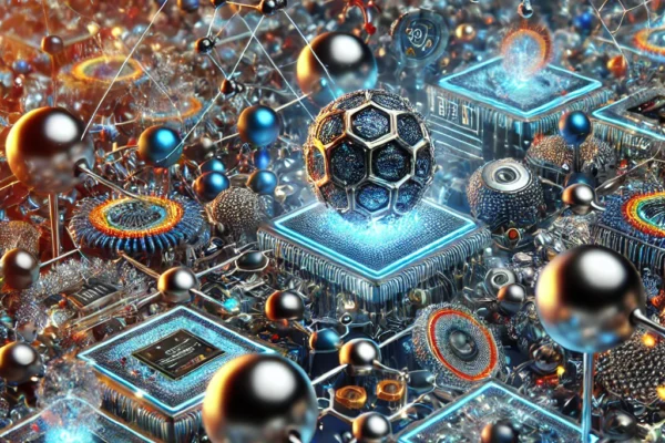 Illustration of nanoengineering and nanomaterials at the nanoscale showing applications in medicine, electronics, and energy