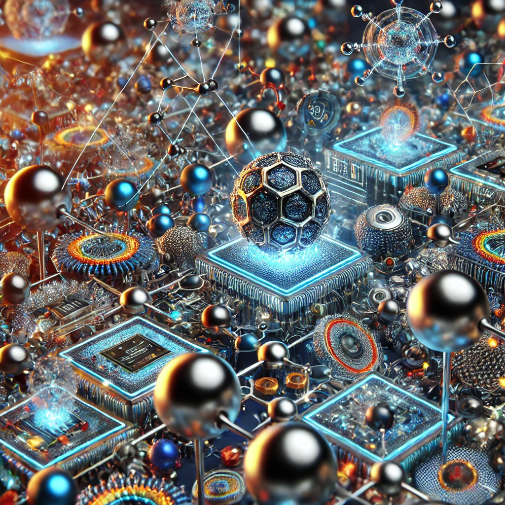 Illustration of nanoengineering and nanomaterials at the nanoscale showing applications in medicine, electronics, and energy