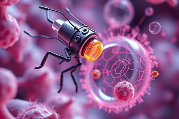 Illustration of nanorobots or nanobots operating at the cellular level inside the human body