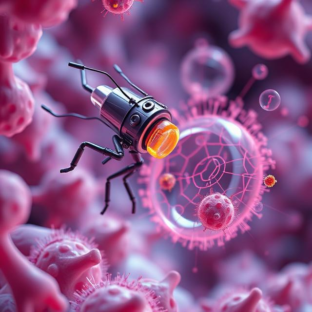 Illustration of nanorobots or nanobots operating at the cellular level inside the human body