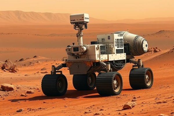 Space robot rover exploring the surface of Mars with cameras and sensors