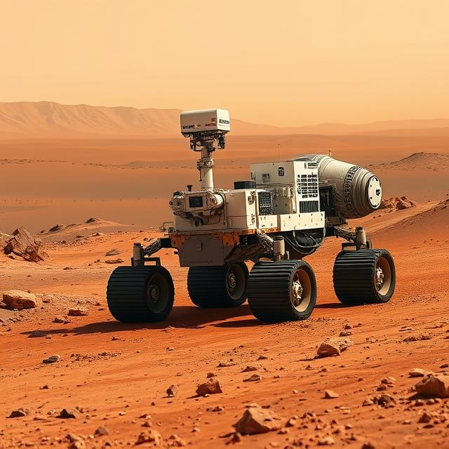 Space robot rover exploring the surface of Mars with cameras and sensors