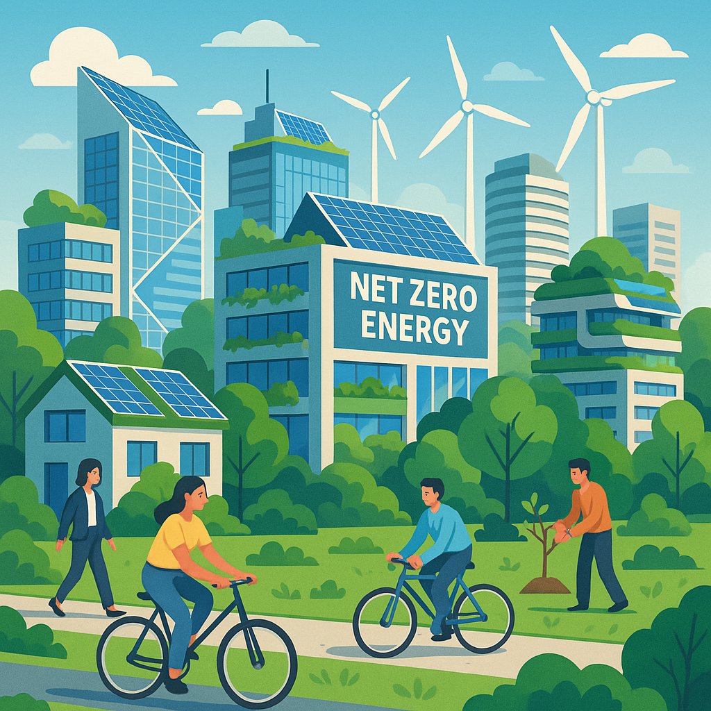 Net-zero building with solar panels and green architecture design