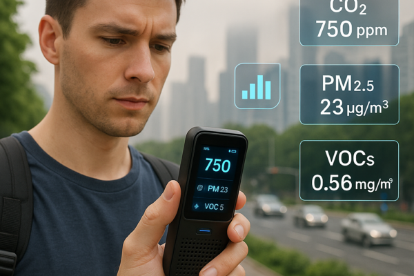 Portable air-quality sensor device showing PM2.5 and CO2 readings on a smartphone app