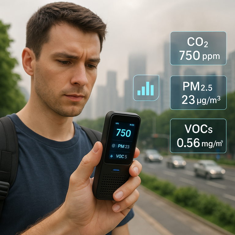 Portable air-quality sensor device showing PM2.5 and CO2 readings on a smartphone app