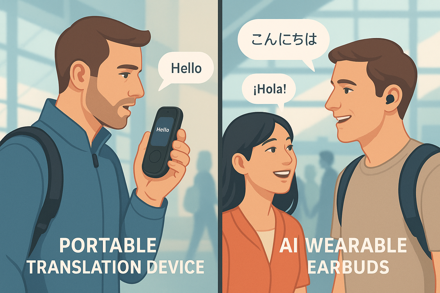 Portable translation device and AI wearable earbuds side by side for language translation comparison