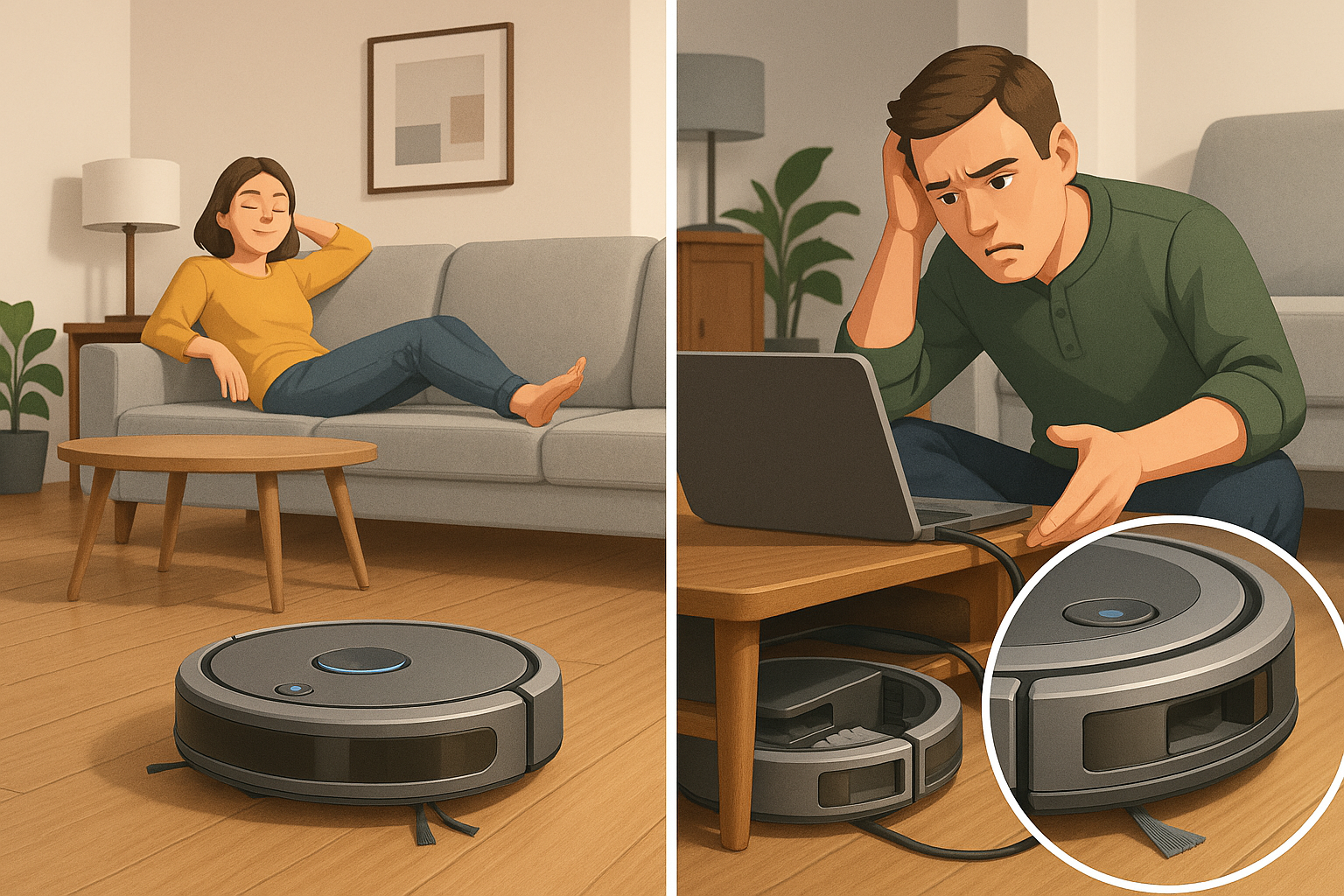 Robot vacuum cleaning a living room floor automatically