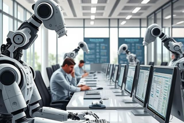 Software bots performing Robotic Process Automation tasks across industries including healthcare, banking, and HR