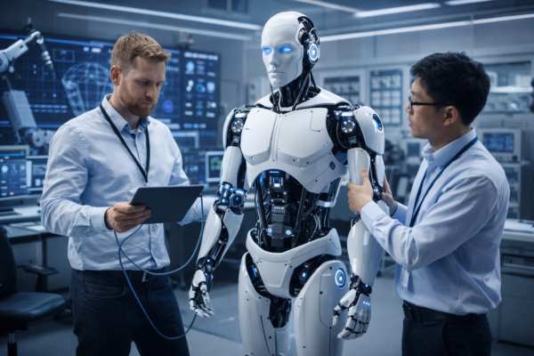 Humanoid robot working alongside humans in a warehouse environment