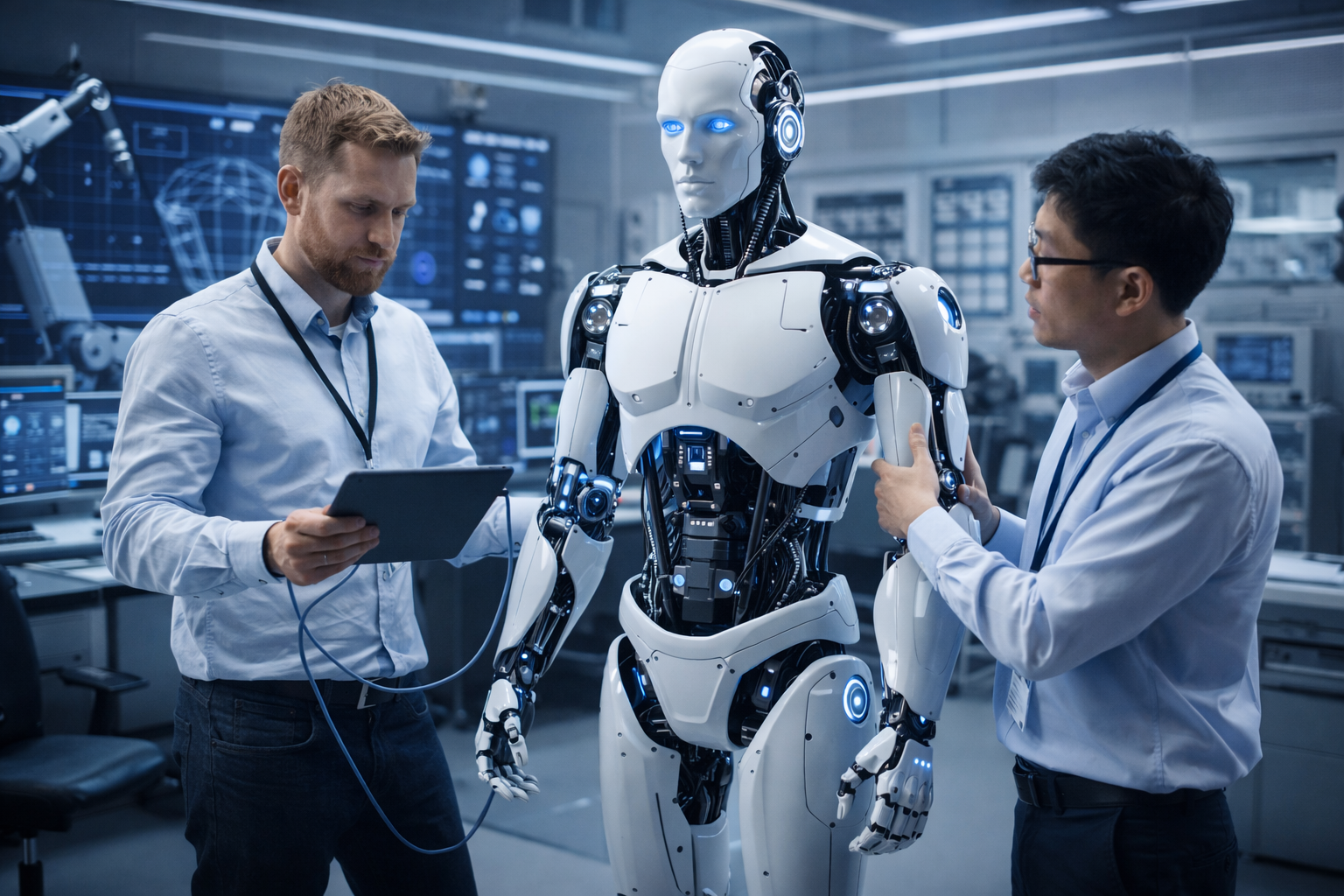 Humanoid robot working alongside humans in a warehouse environment