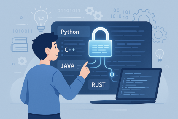 Best programming languages for robotics including Python, C++, Java, Rust, and MATLAB shown on a screen with a robot
