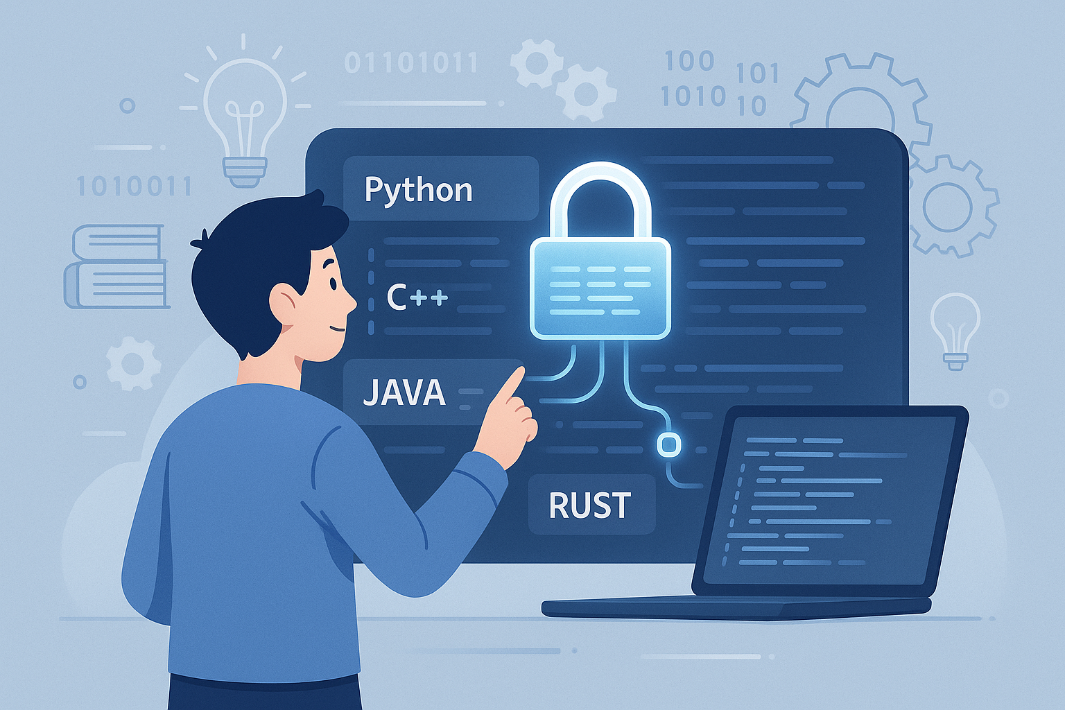 Best programming languages for robotics including Python, C++, Java, Rust, and MATLAB shown on a screen with a robot