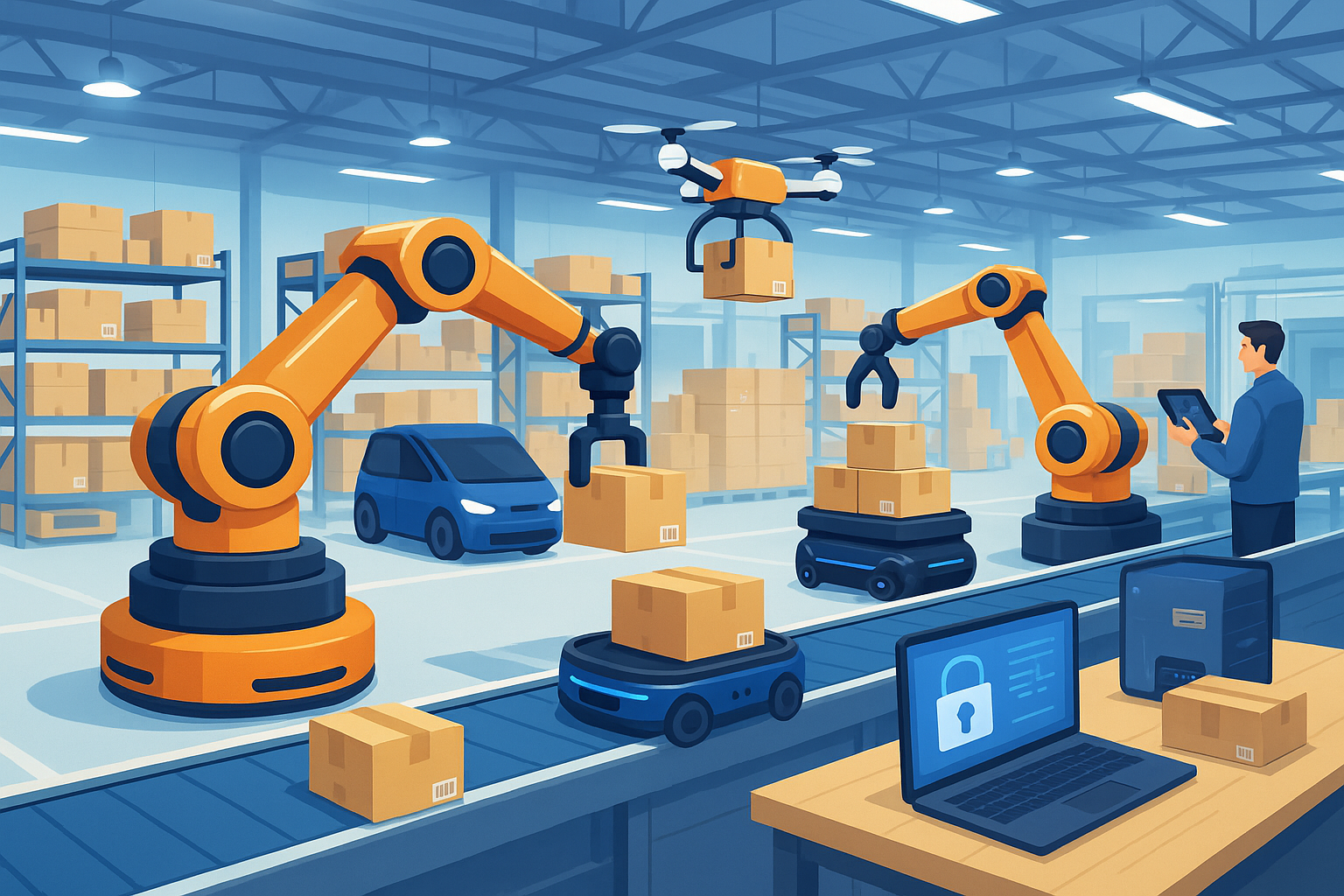 Warehouse robots including AGVs and robotic arms working inside a modern automated fulfilment centre