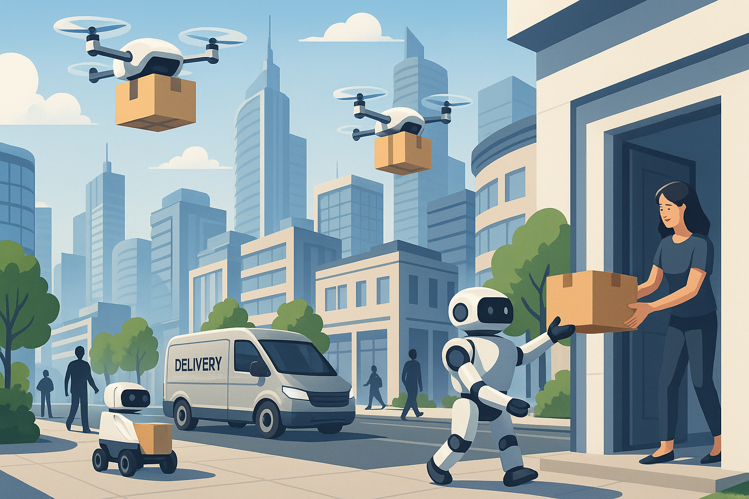 Delivery drone carrying a package over a city neighbourhood for last-mile delivery