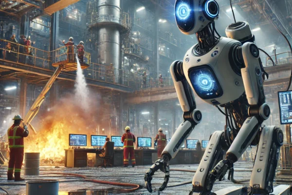 Industrial robot operating in a hazardous environment to protect human workers
