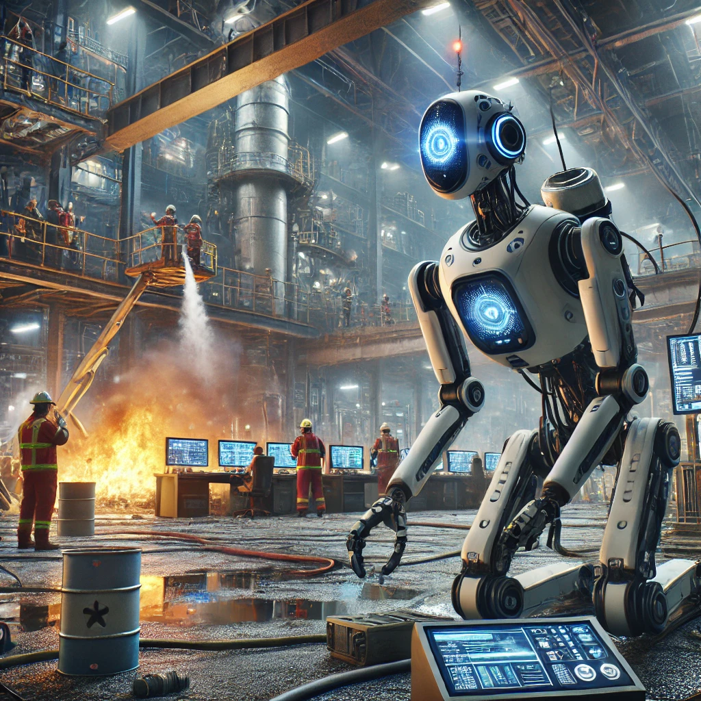 Industrial robot operating in a hazardous environment to protect human workers