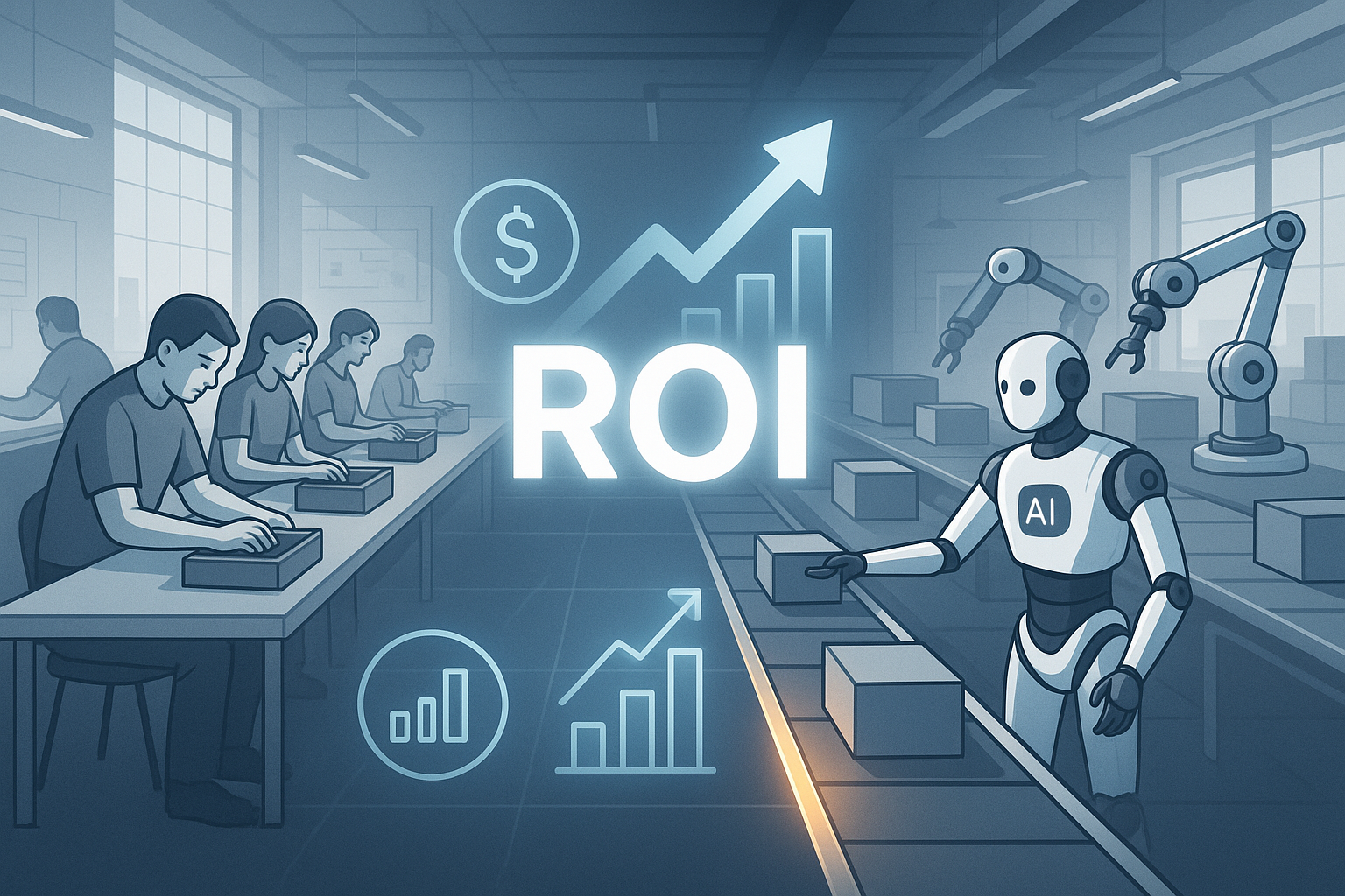 Business automation ROI showing robots and software handling tasks in a modern office and factory setting