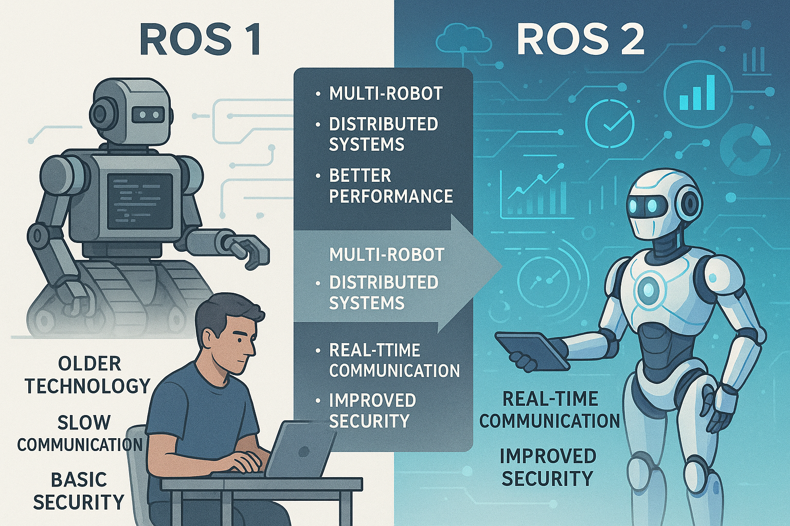 ROS 2 vs ROS 1 comparison chart showing key differences in robotics middleware features