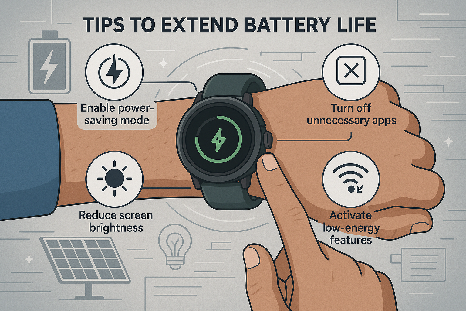 Person adjusting battery settings on a smartwatch to extend battery life