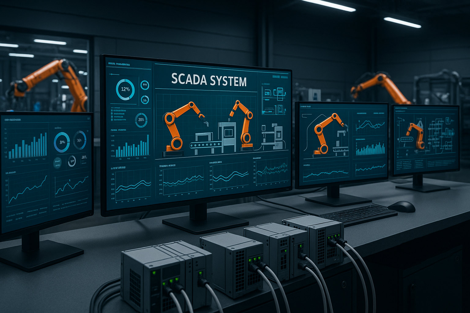 SCADA system and PLC control panel used in industrial automation facility