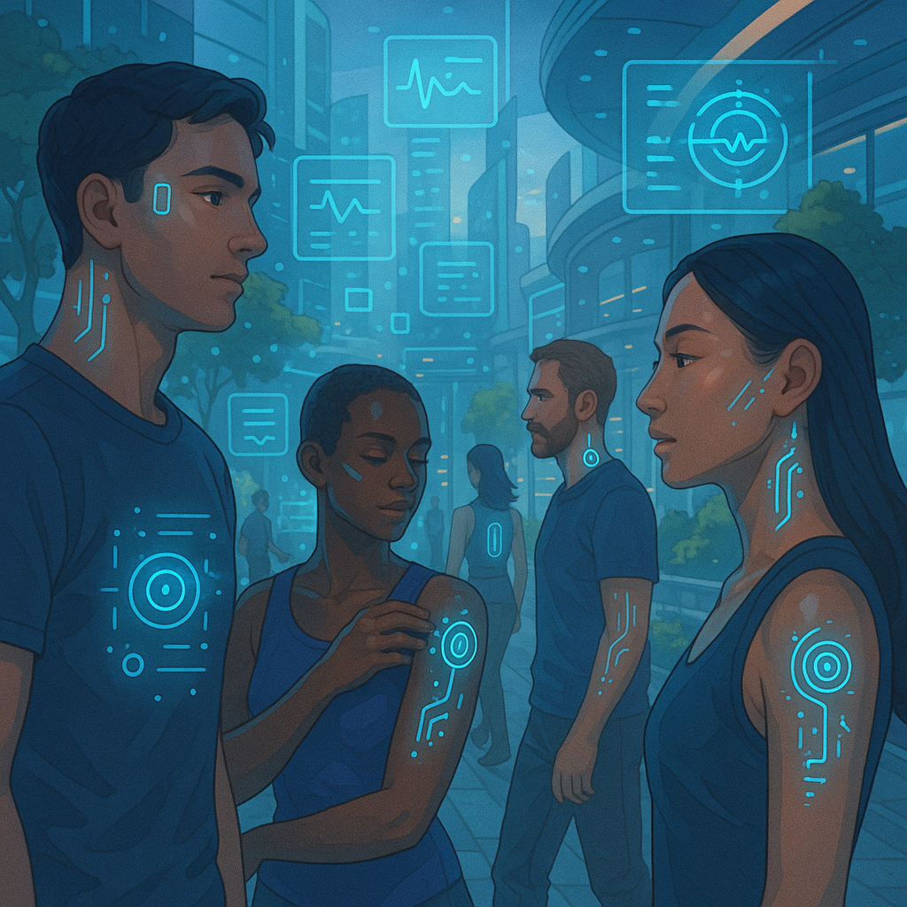 Illustration of implantable wearable technology device placed under human skin for health monitoring