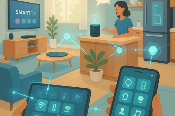 Smart home devices connected to a central hub with Wi-Fi network in a modern house