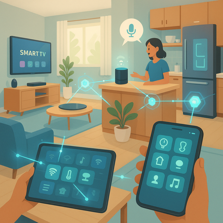 Smart home devices connected to a central hub with Wi-Fi network in a modern house