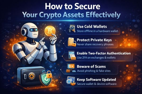 Person securing cryptocurrency assets using a hardware wallet and two-factor authentication on a smartphone