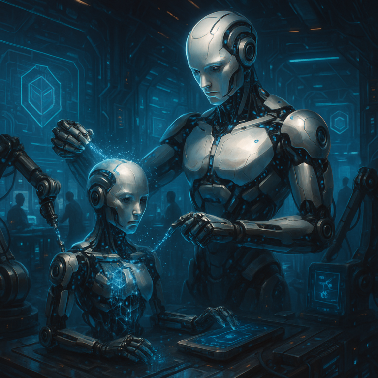 A self-replicating robot assembling a copy of itself in a laboratory setting