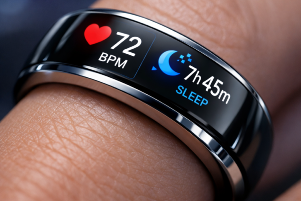 Smart ring on finger showing health tracking features compared to smartwatch