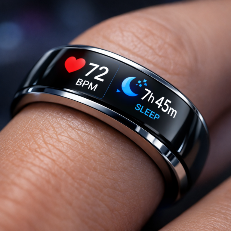 Smart ring on finger showing health tracking features compared to smartwatch