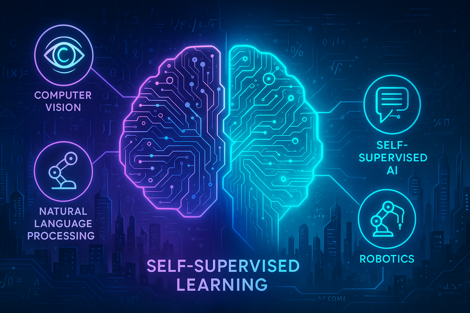 Diagram showing how self-supervised learning trains AI models using unlabeled data
