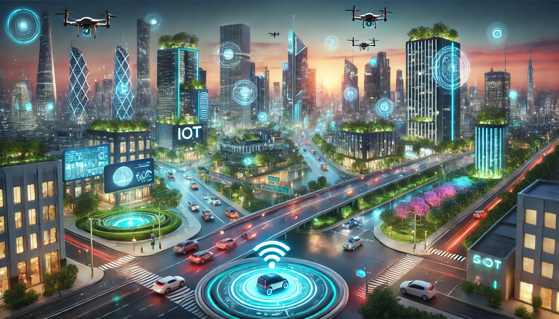 Smart city skyline with IoT connected devices, sensors, and digital infrastructure overlay