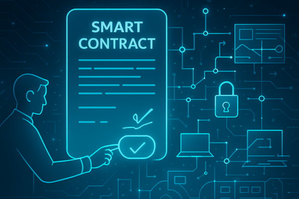 Smart contracts on blockchain network showing automated digital agreement execution
