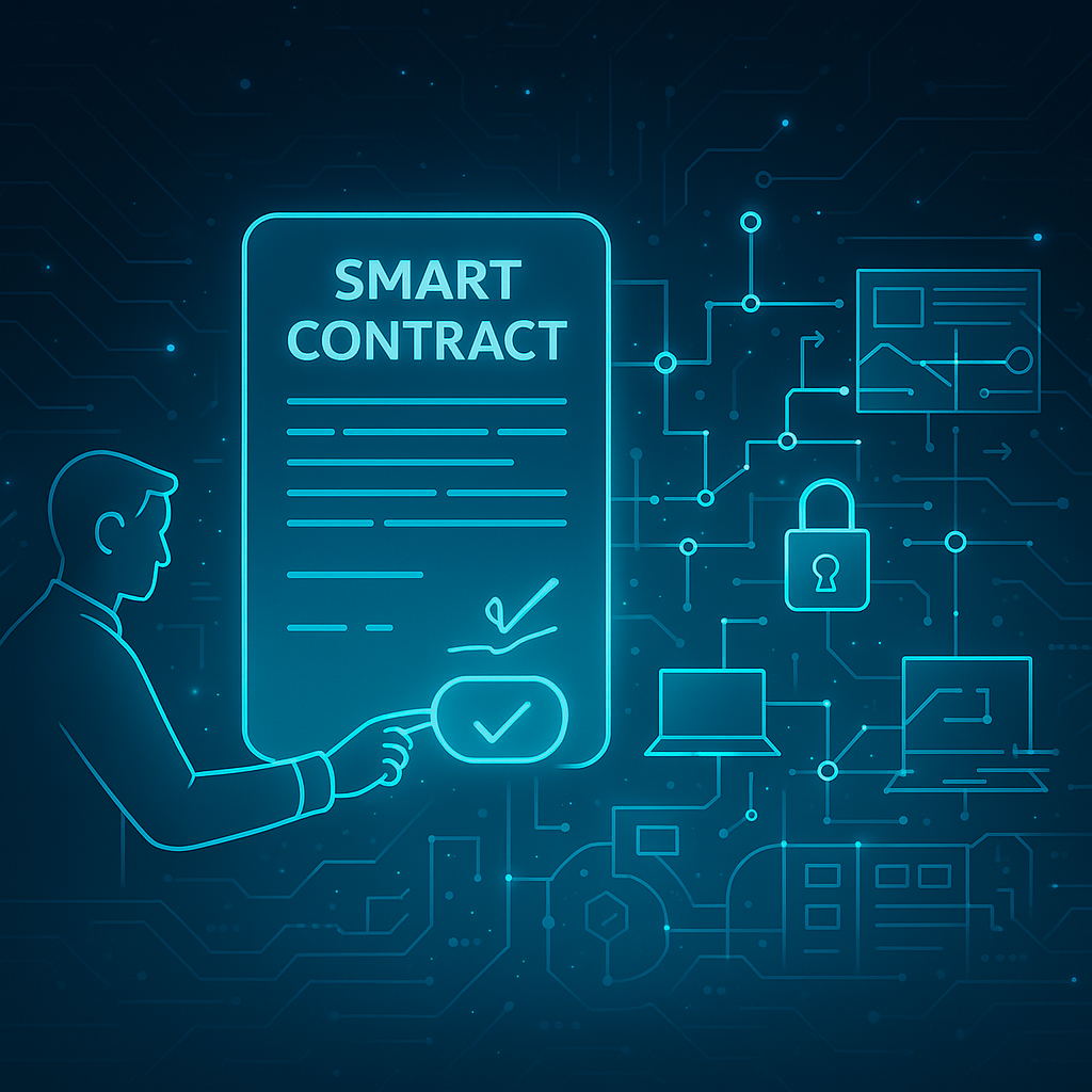 Smart contracts on blockchain network showing automated digital agreement execution