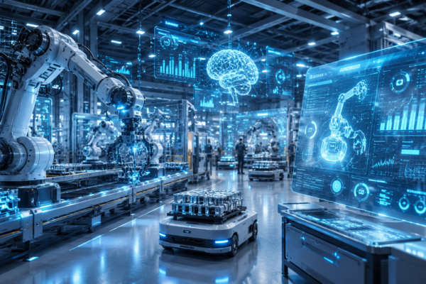 Autonomous AI agents operating on a smart factory production line with robotic systems