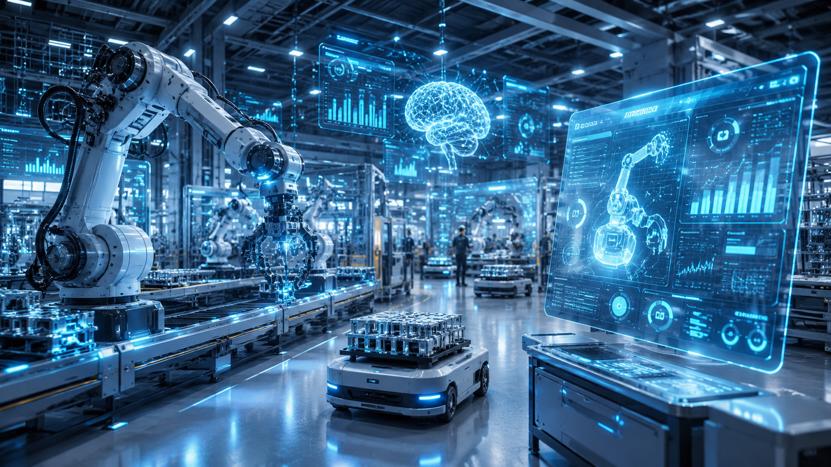Autonomous AI agents operating on a smart factory production line with robotic systems