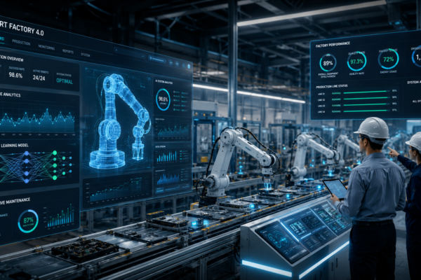 Self-learning robot working on an industrial manufacturing assembly line using AI and machine learning