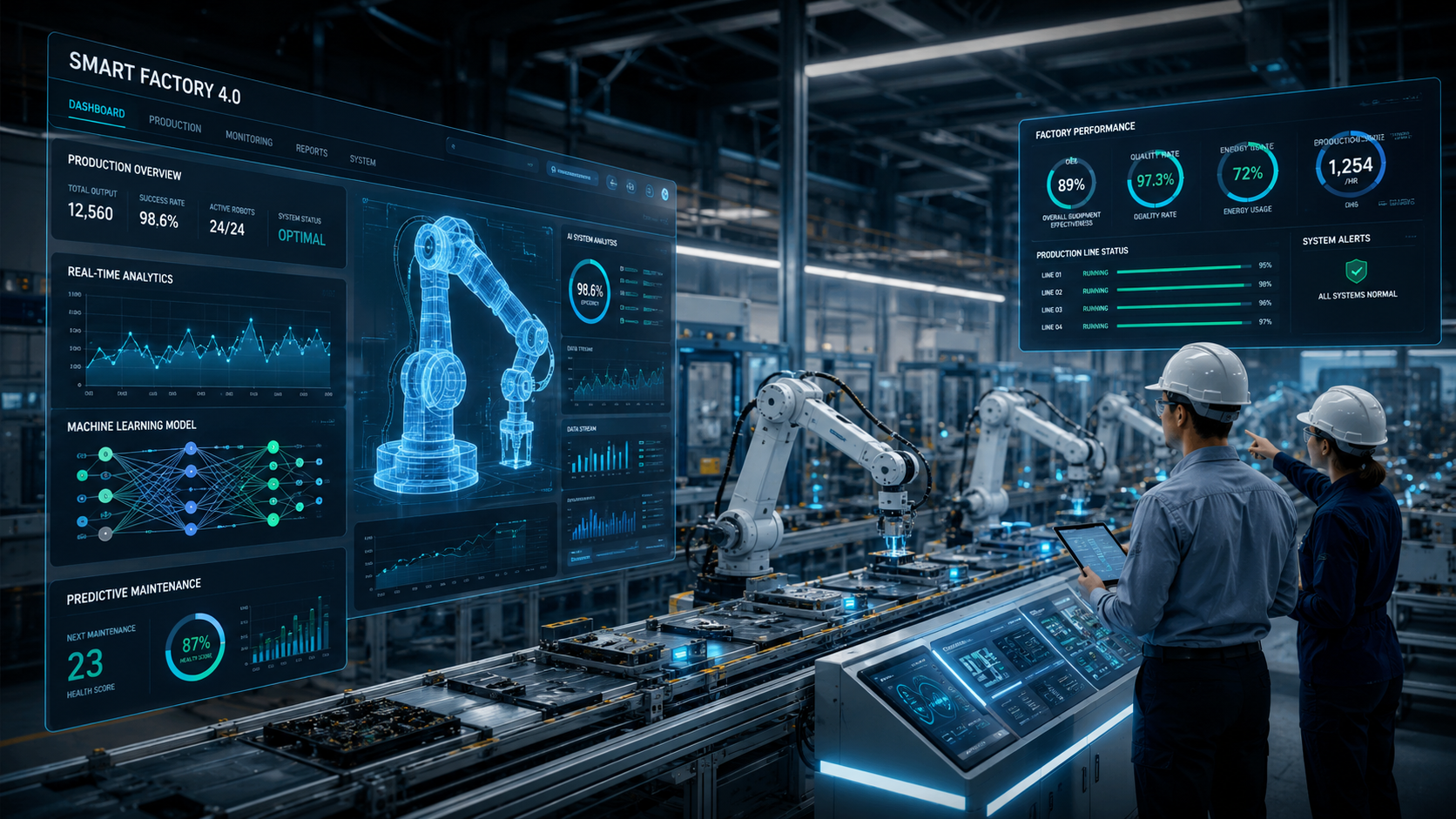 Self-learning robot working on an industrial manufacturing assembly line using AI and machine learning