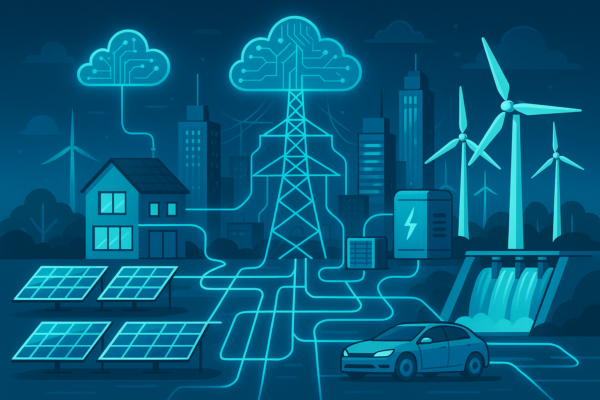 Smart grid technology connecting solar panels, wind turbines, and smart meters in a modern electricity network
